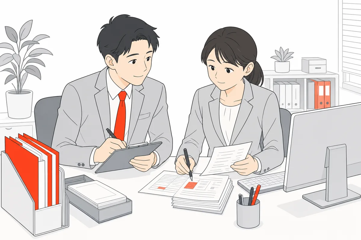 事務担当者の横に座って業務を観察する業務診断の様子