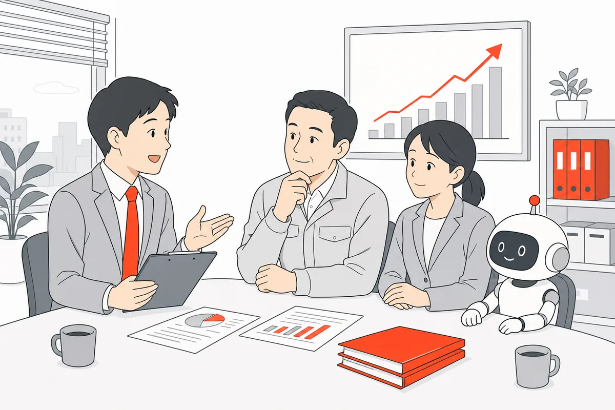 経営者・社員・AIバイトと毎月の振り返りをする伴走の様子